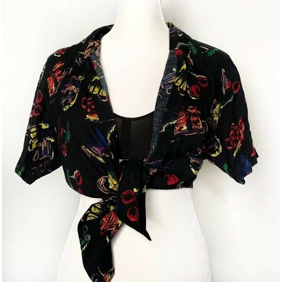 vintage JR Bentley Button Down print Shirt Ladies Top Black Sz L - Picture 5 of 10